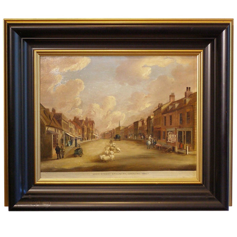 Unknown Landscape Painting - "High Street, Daventry" 19th Century English Oil Painting