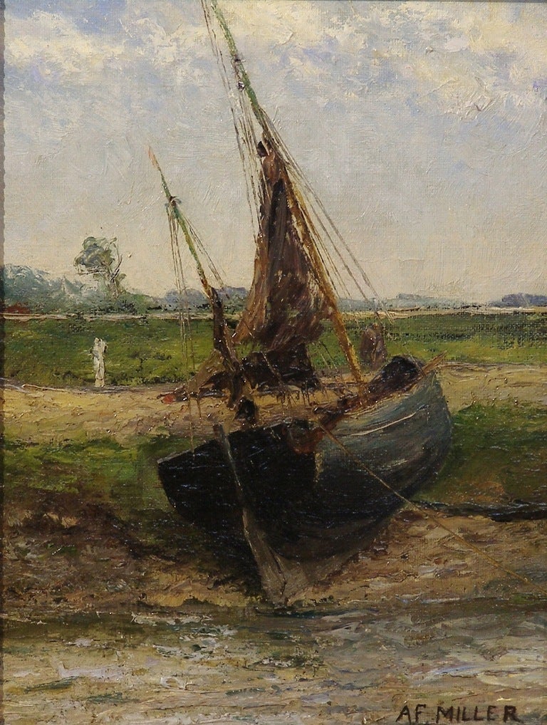 Oil Painting of A Fishing Boat Hauled on Shore by AF Miller 2