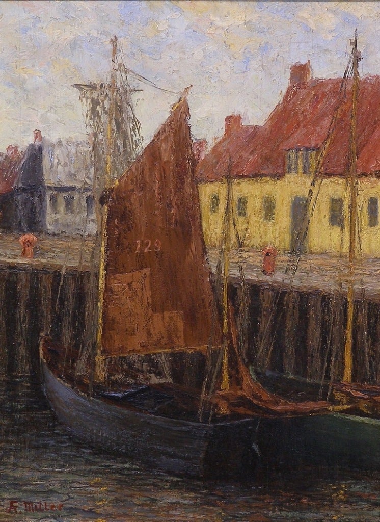 A very pleasant little painting with two fishing boats tied up at a European village wharf signed A F Miller. This was painted by the Great Grandmother of the person who sold it to me who just about nothing of her history except that he thought she