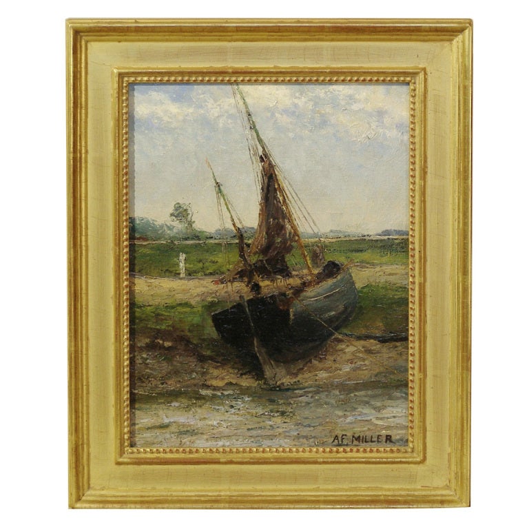 A. Miller Landscape Painting - Oil Painting of A Fishing Boat Hauled on Shore by AF Miller