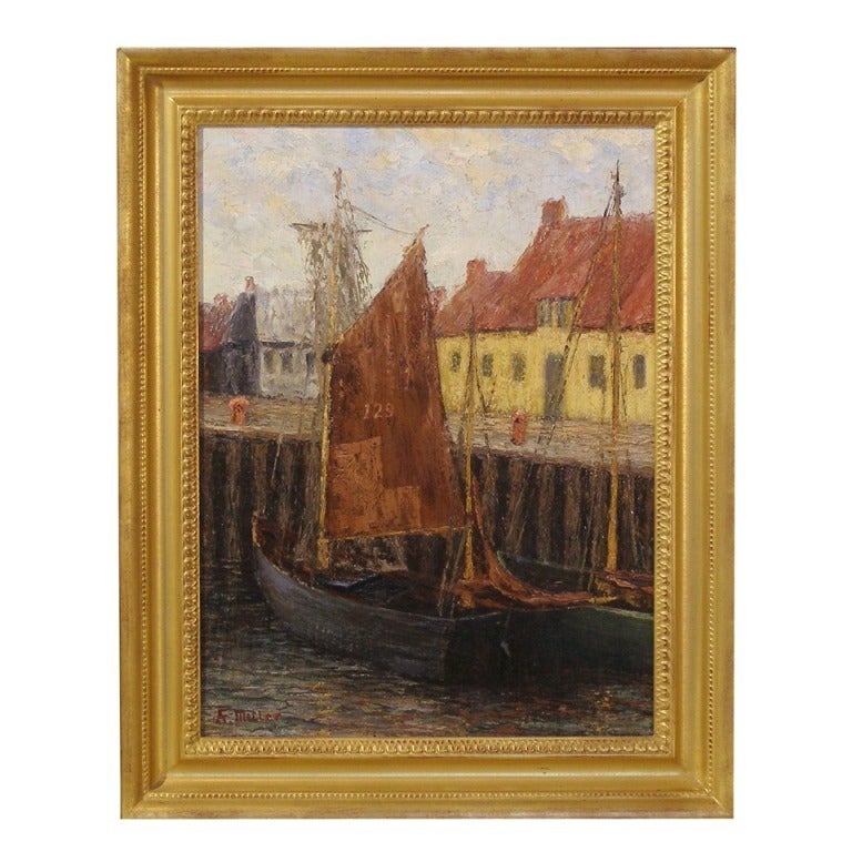 A. Miller Landscape Painting - Impressionist Oil Painting of a Village Wharf Area