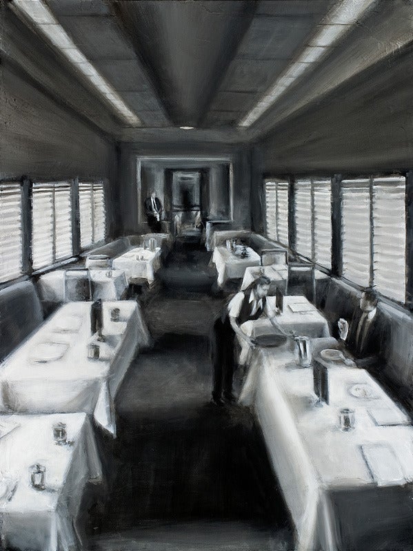 David Austin Figurative Painting - Untitled (Contemporary Black and White Painting of a Train's Dining Car)
