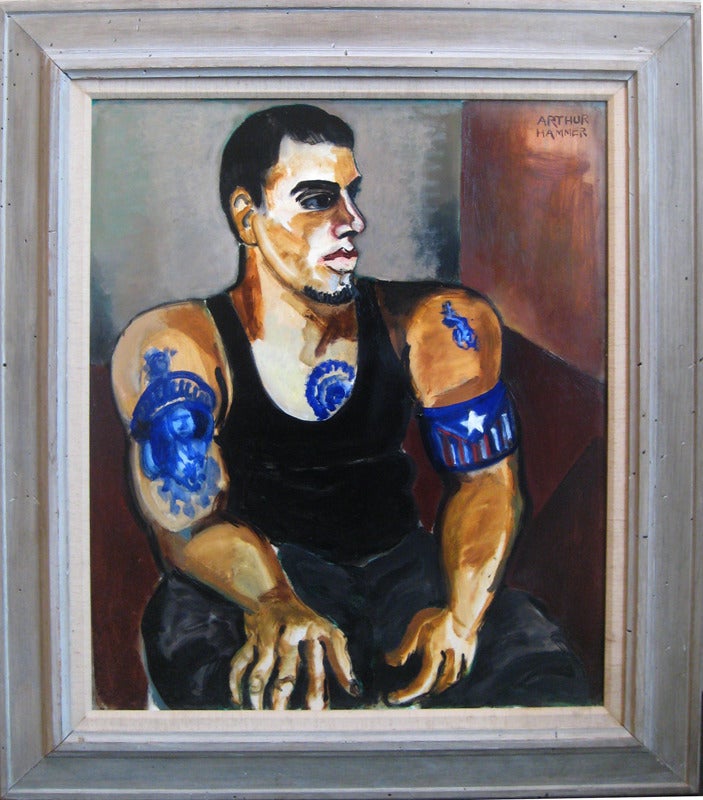 Portrait of Johnny with Tattoos (Male seated w/ tattoos of Puerto Rican Flag) - Painting by Arthur Hammer