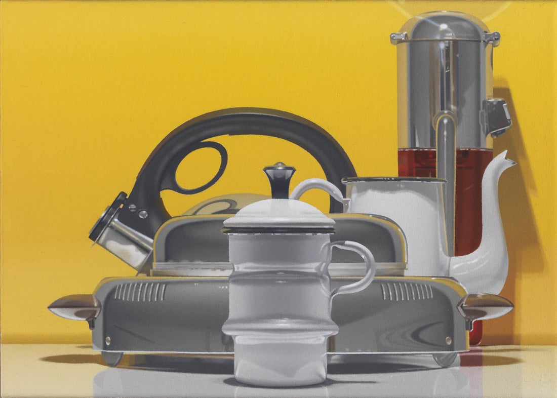 Harold Reddicliffe Still-Life Painting - Ice Crusher, Coffee Pot, Waffle Iron and Tea Kettle