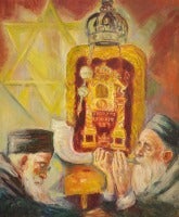 Judaica Painting Synagogue interior with Torah and Shofar