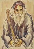 Watercolor Old Rabbi Holding Cane, Israeli Genre Scene