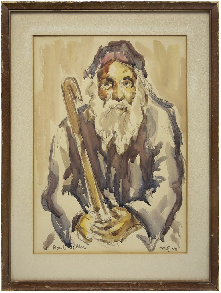 Watercolor Old Rabbi Holding Cane, Israeli Genre Scene