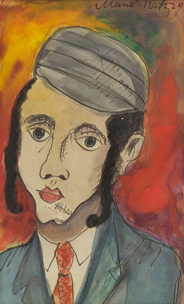 This portrait of a Hasidic boy is by the renowned artist Mane Katz. Katz develops the simple ink sketch of the boy with vibrant colors that contrast with his tidy jacket and tie. The boy's intimate gaze invites the viewer to partake in his own