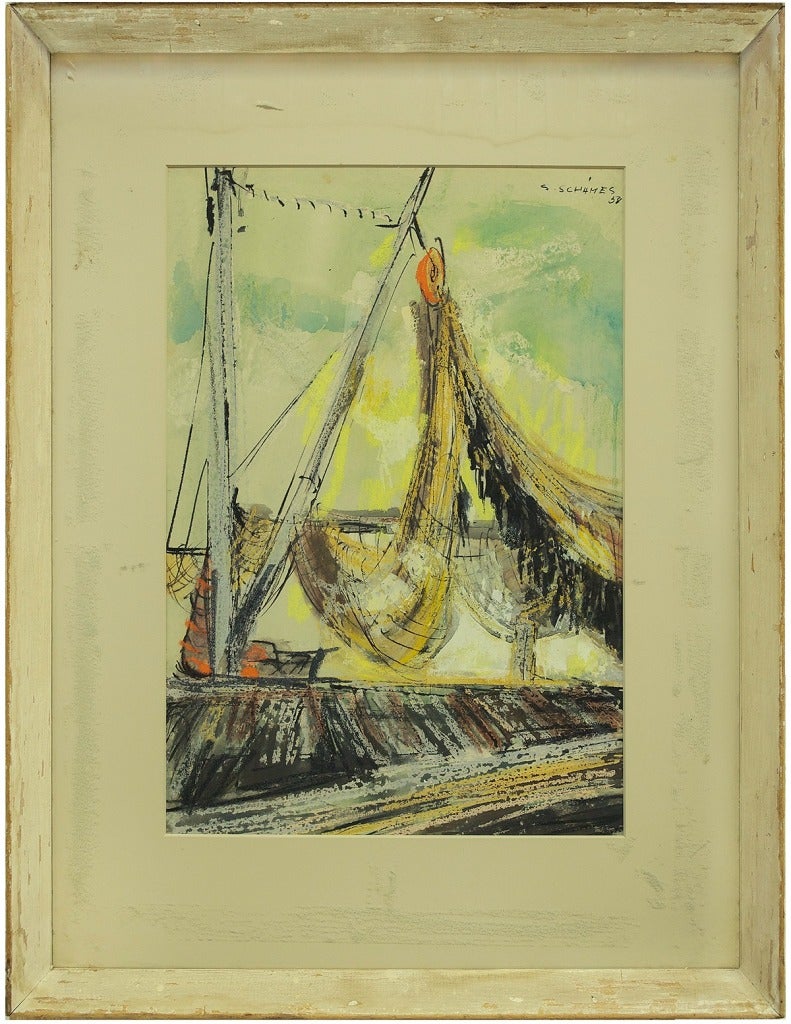 Samson Schames Abstract Drawing - Abstract Watercolor Painting of Sailboat