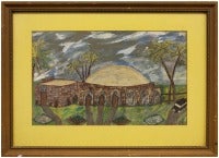 Judaica Whimsical Folk Art of Synagogue or Tomb with Hebrew words