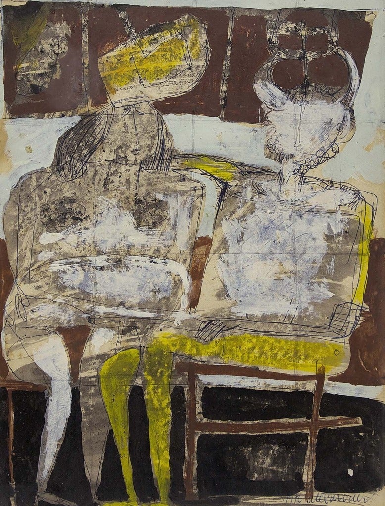 Technique mixte expressionniste de deux figures abstraites