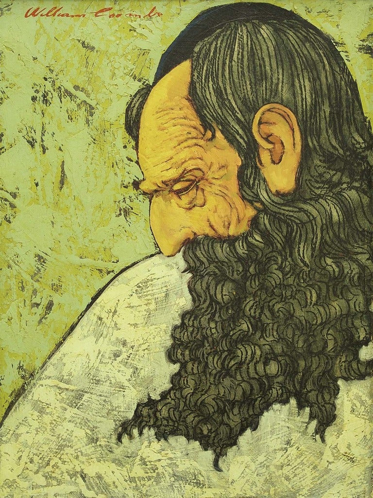 Painting of a rabbi with a long dark beard set against a textured background.