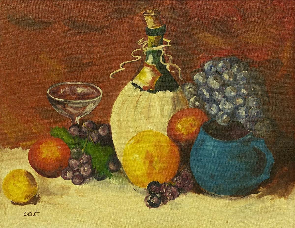 Still Life Oil Painting of Wine, Fruits, and Goblets