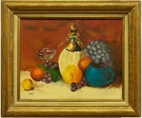 Still Life Oil Painting of Wine, Fruits, and Goblets