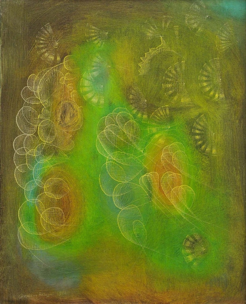 Colorful surrealist abstract Marine composition in varying shades of green that depict butterflies under the sea.
Giordano Falzoni  1925, Yugoslavia - 1998, Italy 
 Porter exhibited Falzoni's work at the David Porter Gallery, 916 G Place, N. W.