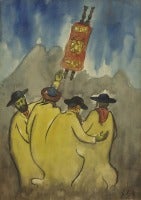 Vintage Israeli Watercolor, "Simchat Torah" Judaica