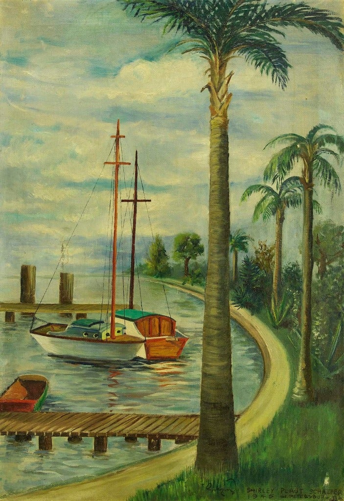 Shirley Plaut Schaefer Landscape Painting - 1940s Florida Highwaymen Style Landscape Oil Painting of Maritime Scene