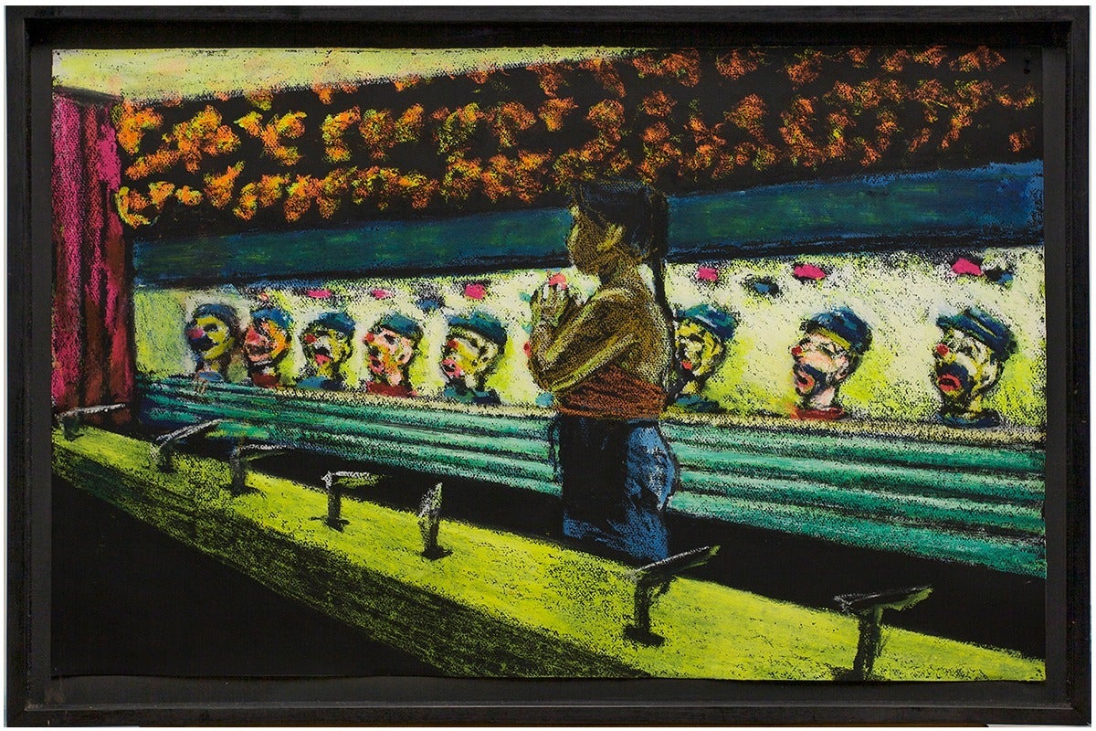 Jane Dickson Figurative Painting - "Study for Shooting"  Carnival Arcade Scene with Clown Heads