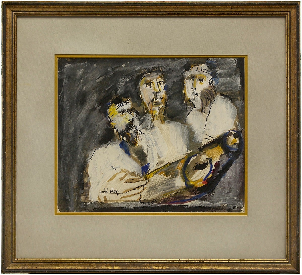 Andre Elbaz Figurative Painting - Gouache Painting of Three Male Figures with Tefilin