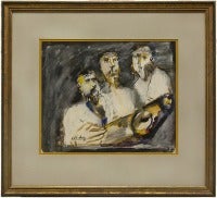 Gouache Painting of Three Male Figures with Tefilin