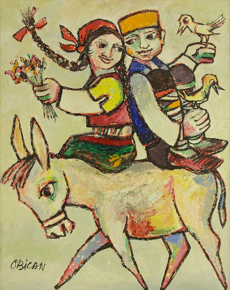 Folk Art Naive Oil Painting of Two Colorful Figures on a Mule