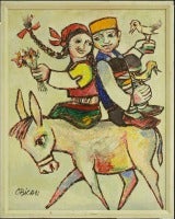 Folk Art Naive Oil Painting of Two Colorful Figures on a Mule
