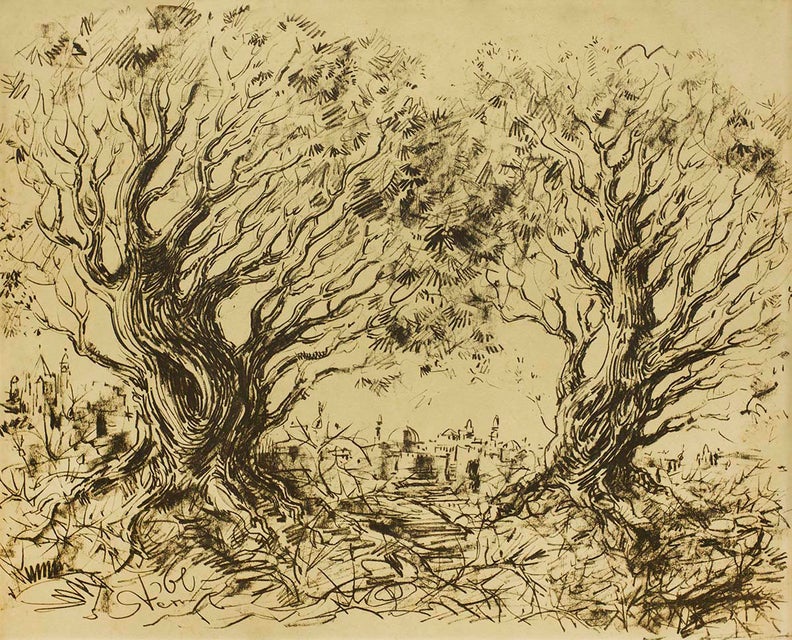 Expressionistic Print of Olive Trees with Jerusalem Cityscape in Background