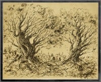 Expressionistic Print of Olive Trees with Jerusalem Cityscape in Background