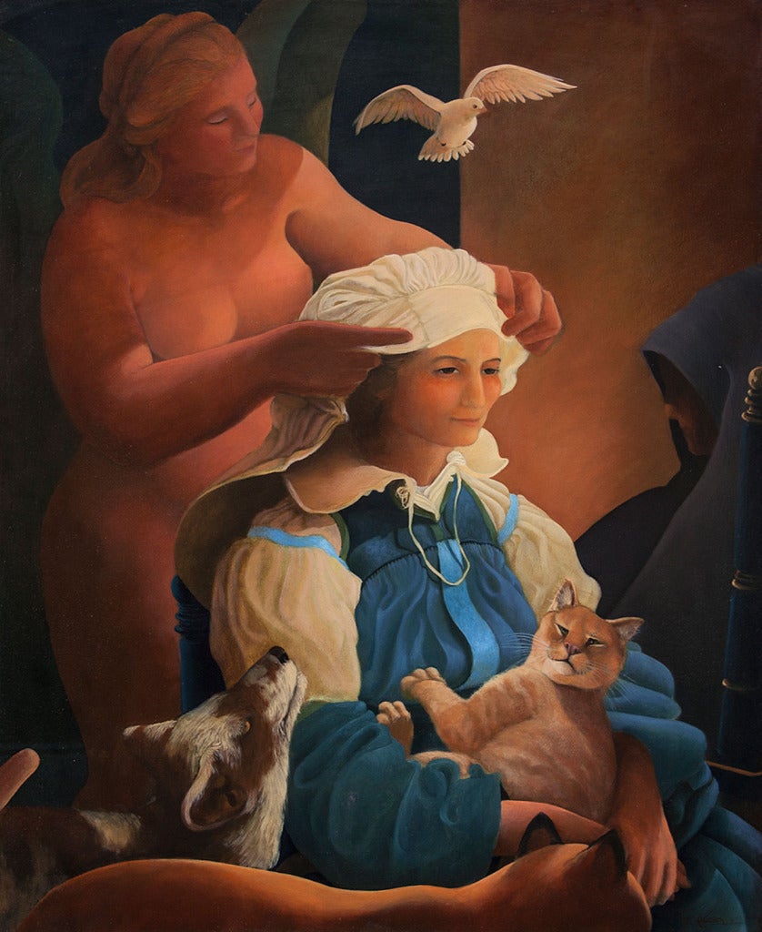 Magic Realist VIRGIN AND ANIMALS, Surrealist Oil