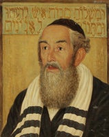 Vintage Portrait of a Rabbi (in front of Purim banner)