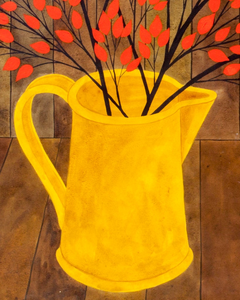 Untitled (Red Branches in a Yellow Vase) Signed - Painting by Judith Shahn