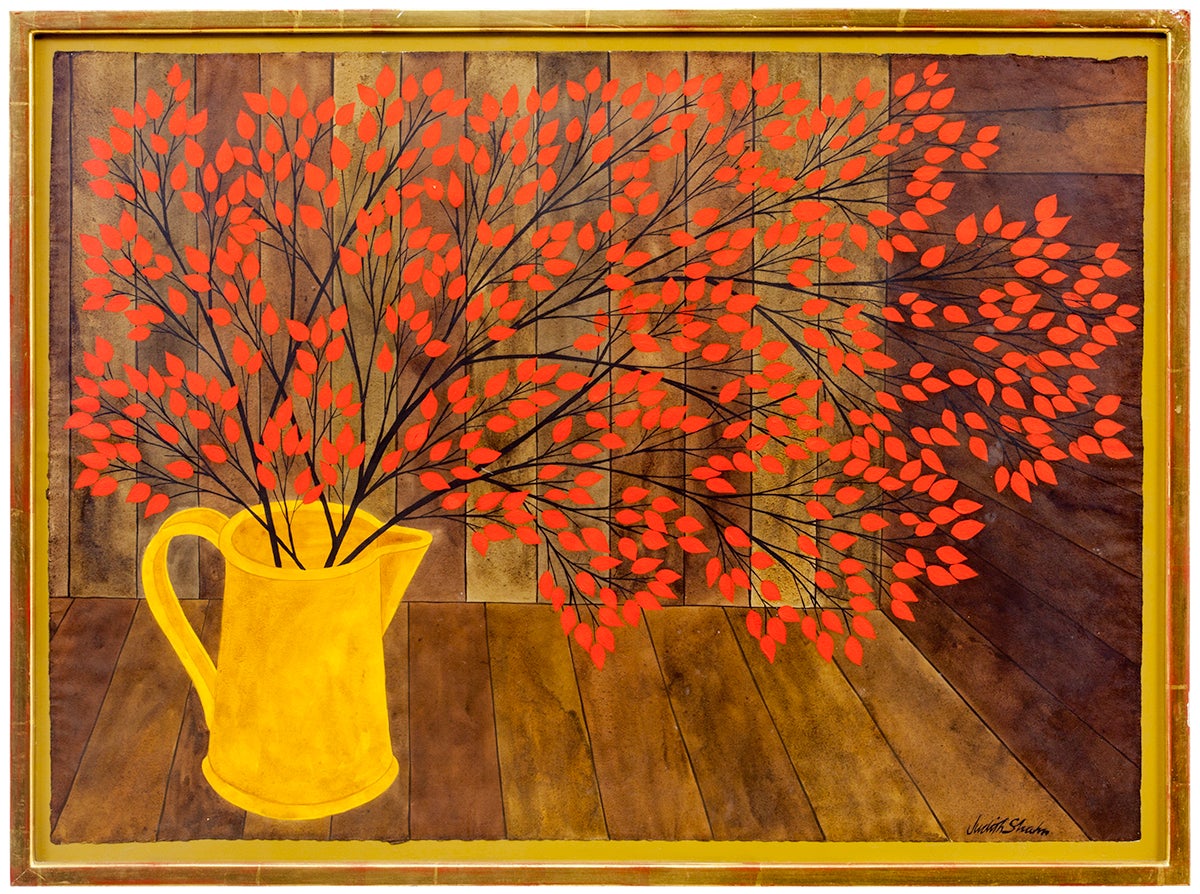 Judith Shahn Still-Life Painting - Untitled (Red Branches in a Yellow Vase) Signed