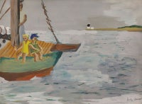 Vintage Contemporary Painting of Two Girls Sitting on a Boat