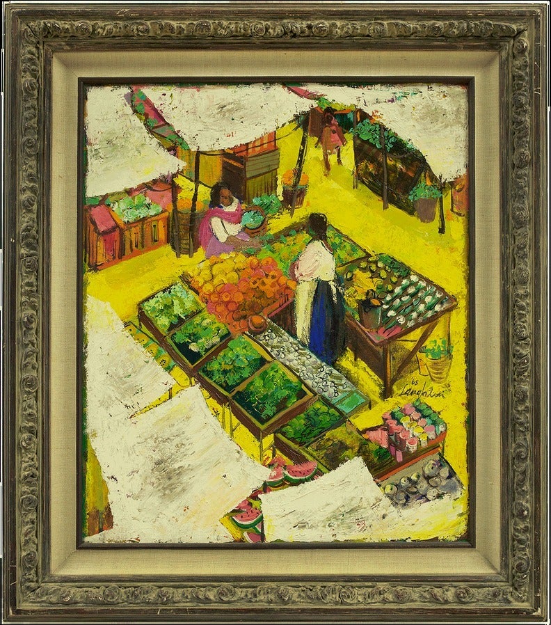 Mary Laughlin Figurative Painting - Oil Painting of Figures in Market Scene, Mexico, 1965