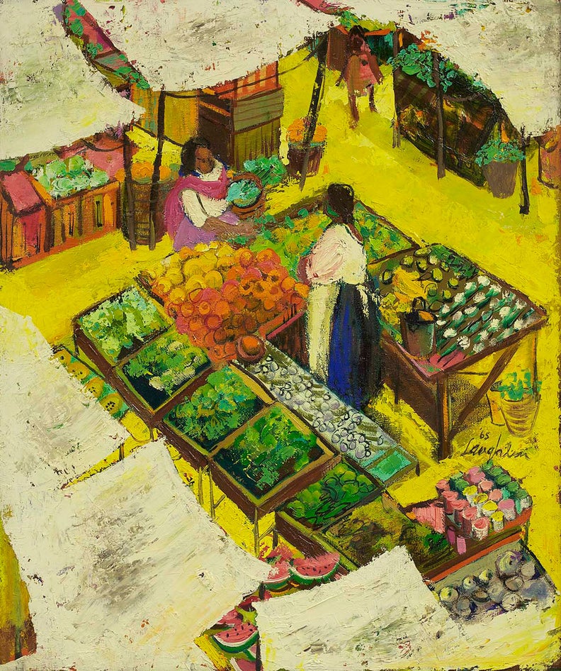 In this painting by Mary Laughlin, the artist uses thick impasto and a bold, and vibrant color palette dominated by yellows, and greens. Here, the artist depicts a market scene capturing human condition and their everyday activities.

Frame
