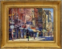 Vintage Cityscape Oil Painting of New York Street w Fire Escapes