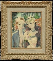 Two Paris Beauties, French naive Oil painting