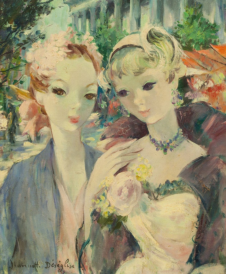 Two Paris Beauties, French naive Oil painting