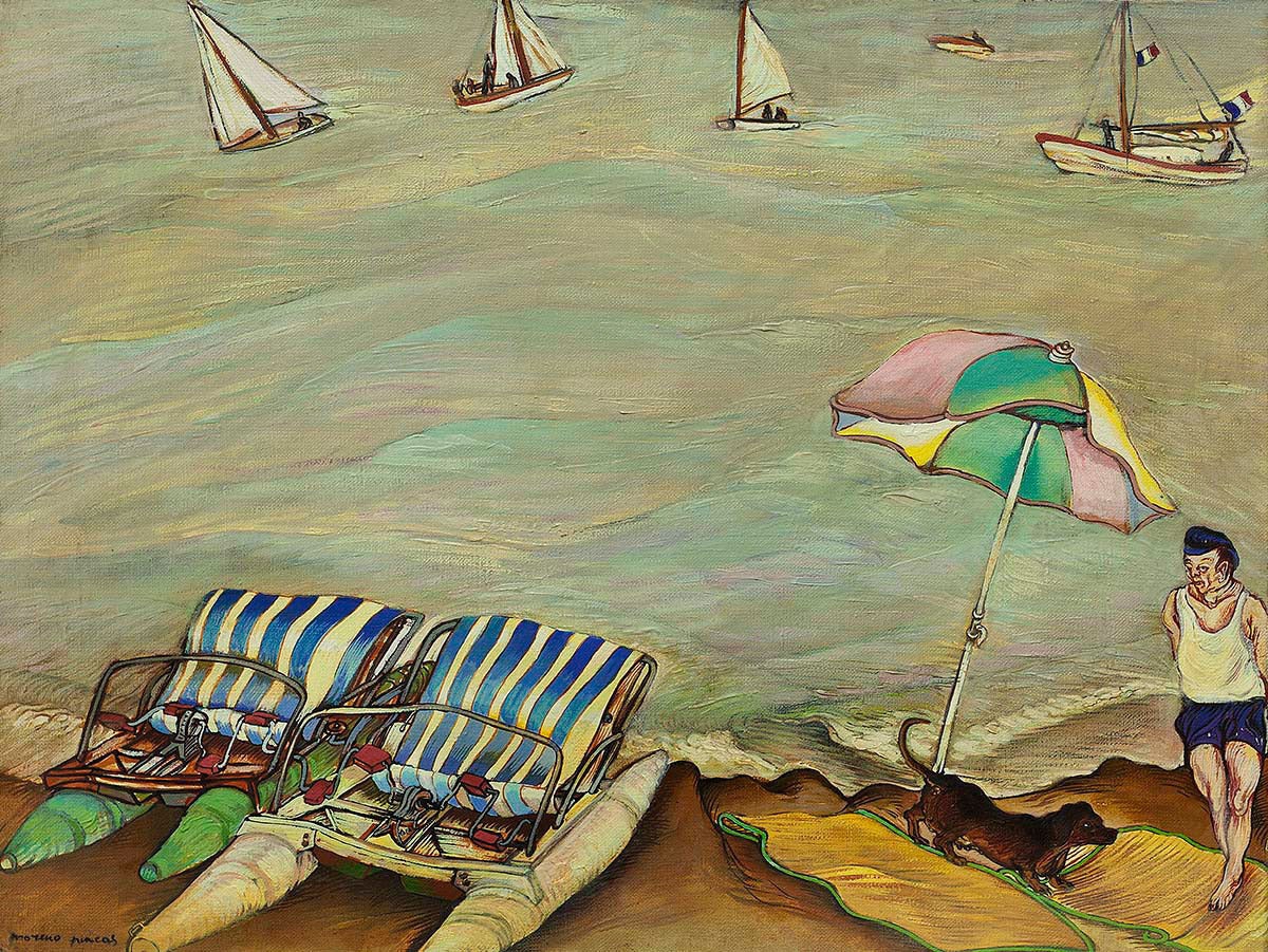 In this painting the artist Pincas Moreno renders a scene of leisure at the beach, a man walking along in the sand with a dachshund dog. Pincas Moreno paintings are a saturation of space by the proliferation of characters, shapes, and colors.
Signed