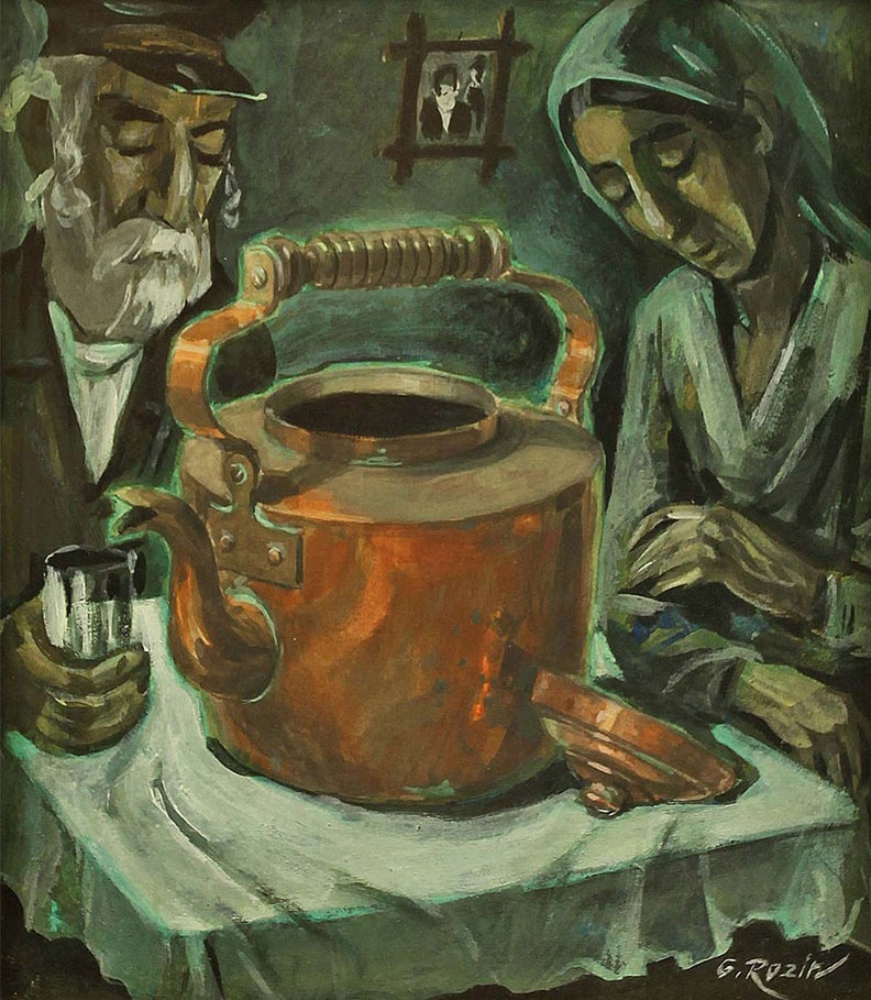 OLD JEWISH SHTETL COUPLE WITH SAMOVAR - Painting by Galina Rozin