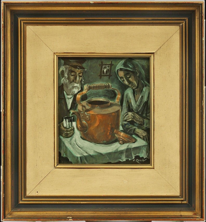 Galina Rozin Portrait Painting - OLD JEWISH SHTETL COUPLE WITH SAMOVAR