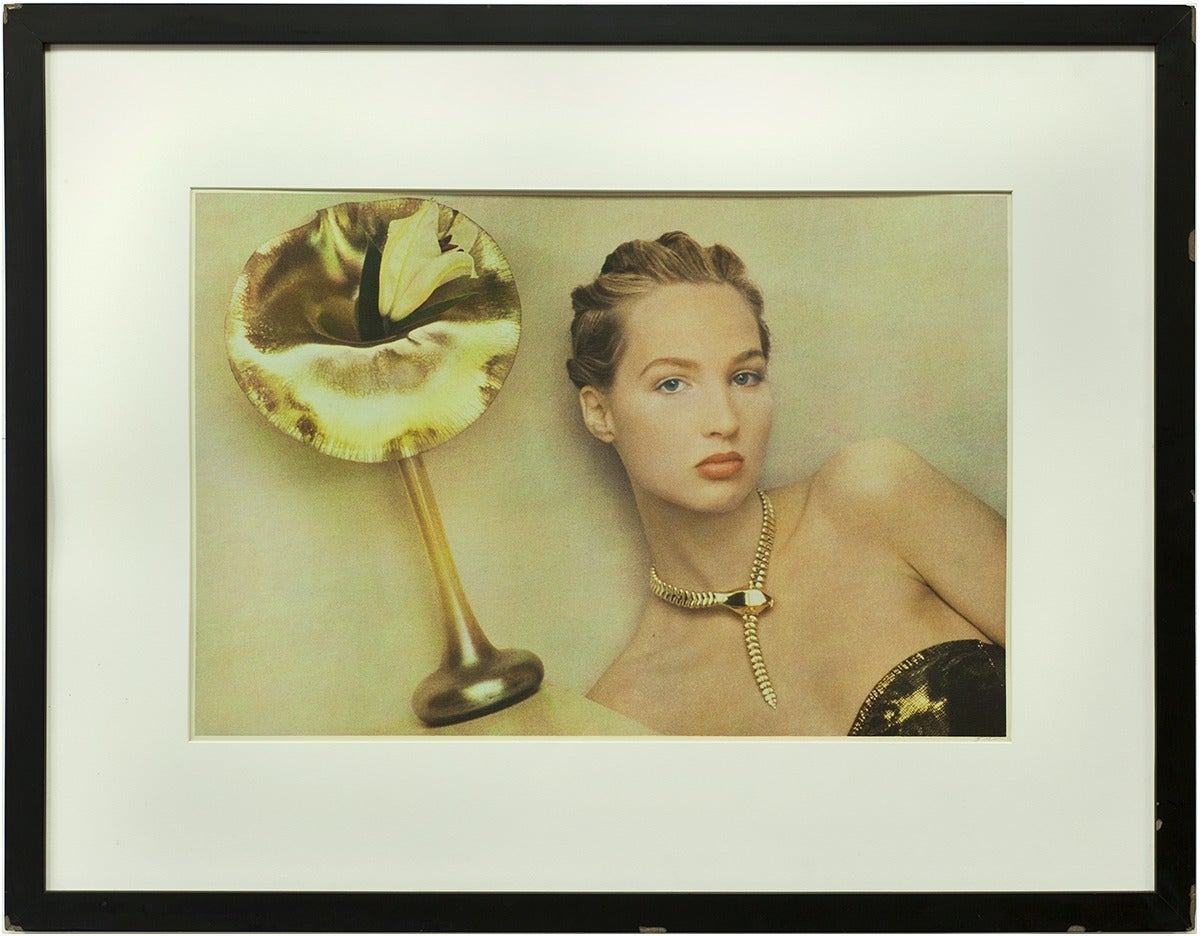 Sheila Metzner Portrait Photograph - UNTITLED (YOUNG WOMAN IN GOLD WITH TRUMPET VASE)