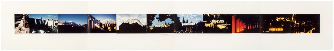 This group photographs are a visual record of the ' Aerial Crown' that Vera Simons put on the National Gallery of Scotland in 1986. Her two-thirds size replica of this neoclassical building, made in white balloon fabric was inflated on the roof