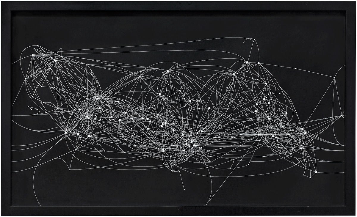 In this black and white print by Ben Langlands and Nikki Bell, lines connect dots creating the air routes of the world. These lines create dynamism, and contrast through this abstract composition. This screenprint is a numbered edition