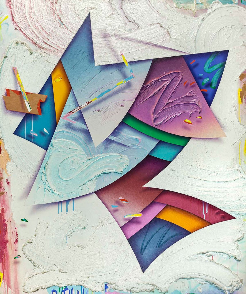 George Green’s work is flat. Green creates depth using the illusion technique trompe l’oeil.  Geometric shapes break through the white surface of the canvas protruding into the viewer"s space. The shapes are not even confined to the boarders of the