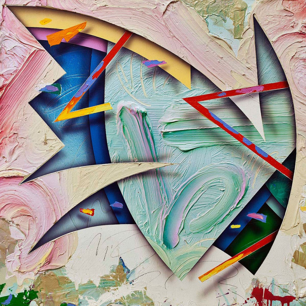 George Green’s work is flat. Green creates depth using the illusion technique trompe l’oeil.  Geometric shapes break through the white surface of the canvas protruding into the viewer"s space. The shapes are not even confined to the boarders of the