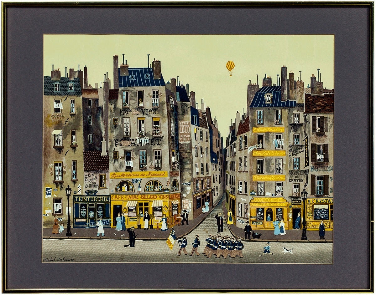 Michel Delacroix (born 1933 in Paris) is a French painter known for his primitive style in his paintings. The artist combines structure and lots of detail with rich color to convey the diverse activity on the streets of Paris, his native city. It is
