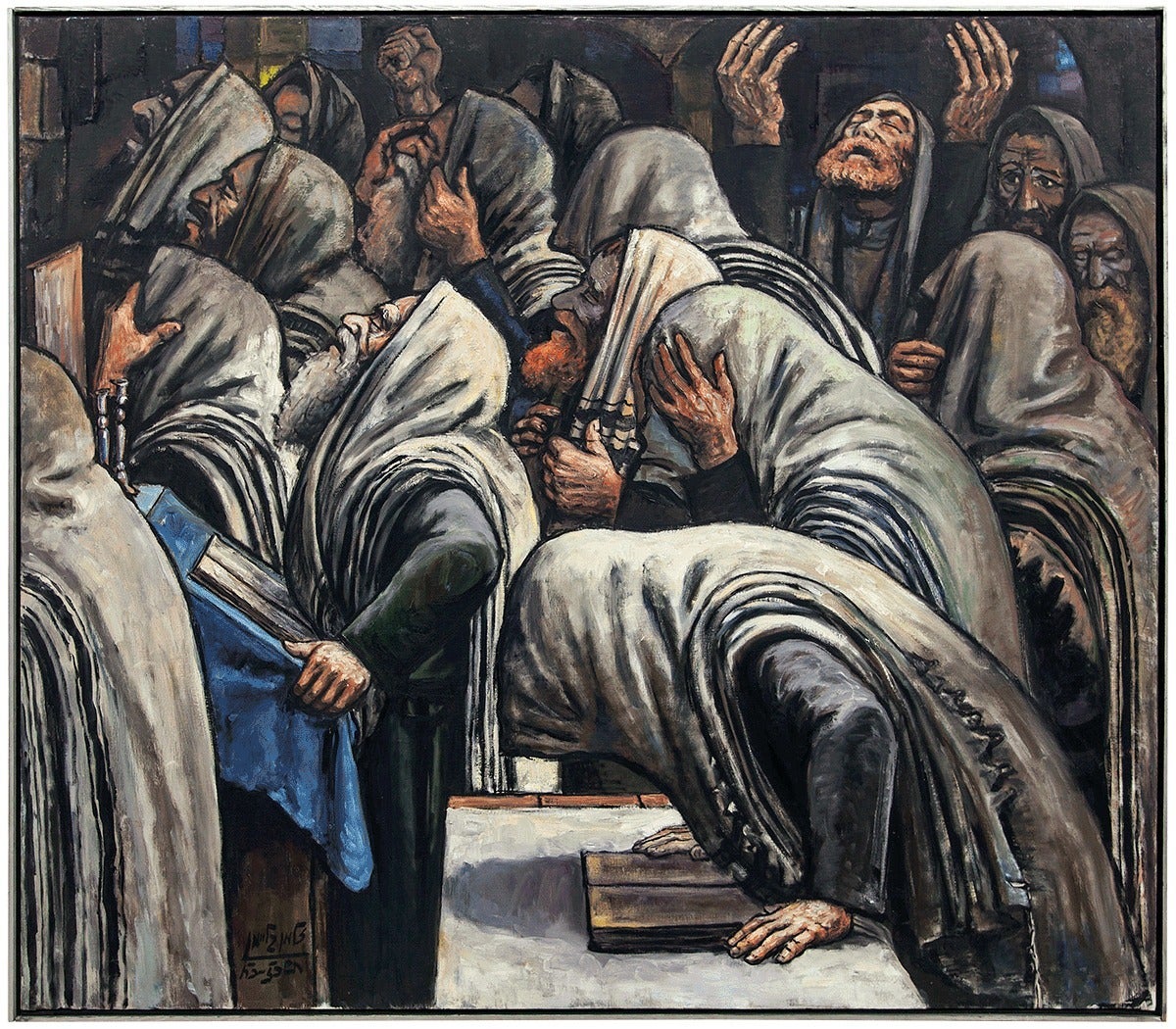 In this artwork the artist renders a group of Jewish men in prayer position at the synagogue.The artist Zalman Kleiman takes a realistic approach and aims to instill devotion through the expressions, and body language of the figures in the