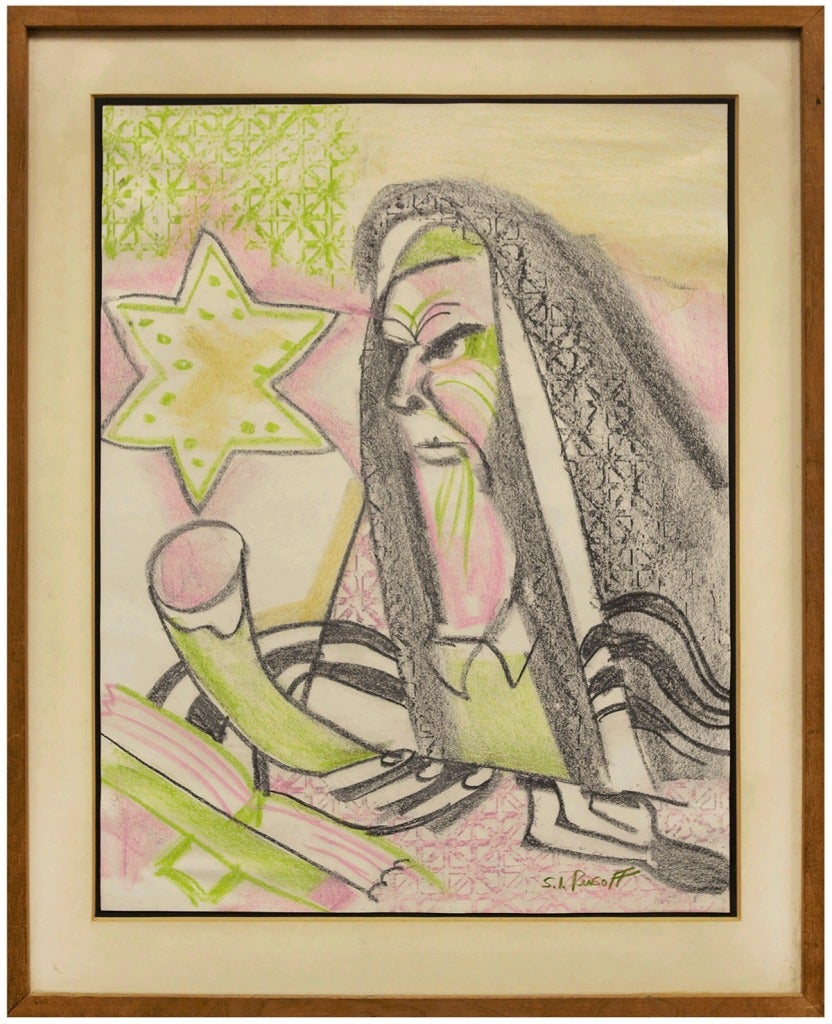 UNTITLED (GREEN RABBI HOLDING A SHOFAR) Folk Art Judaica