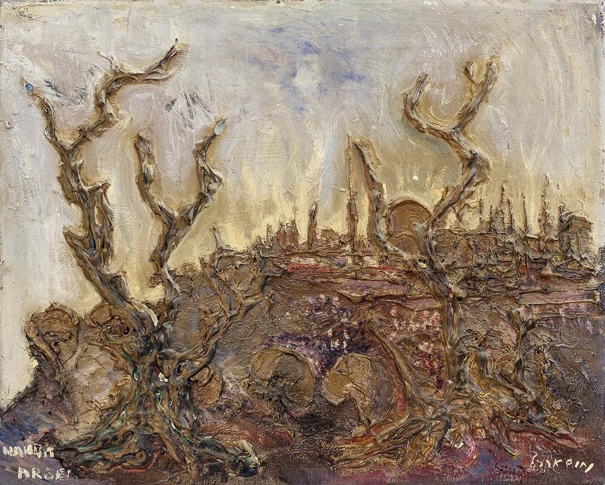 „OLIVE TREES IN JERUSALEM“ (EXPRESSIONIST LANDSCAPE) – Painting von Nahum Arbel
